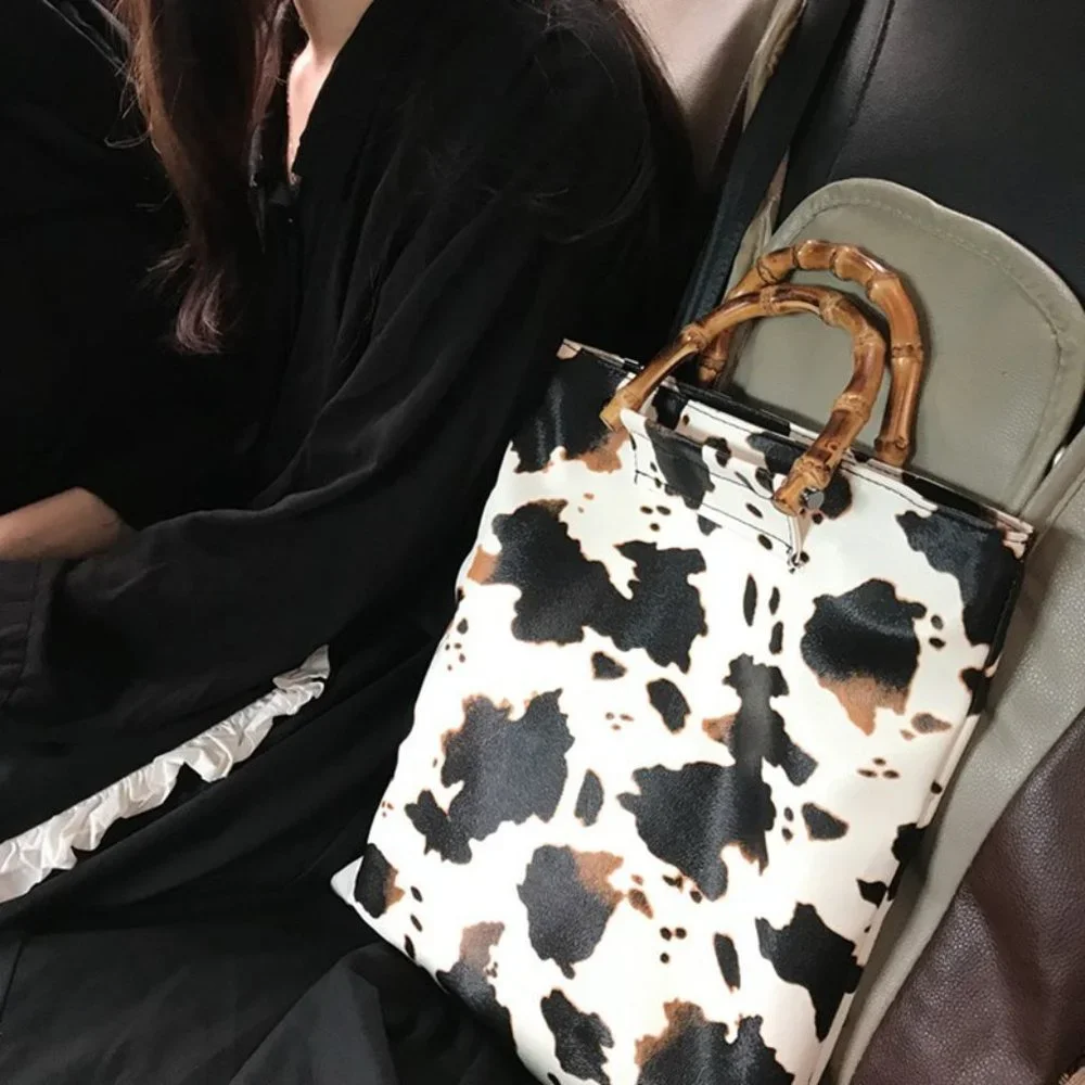 Cow Print Handbag Bamboo Handle Purse Womens Western Collapsible Top Handle Bag